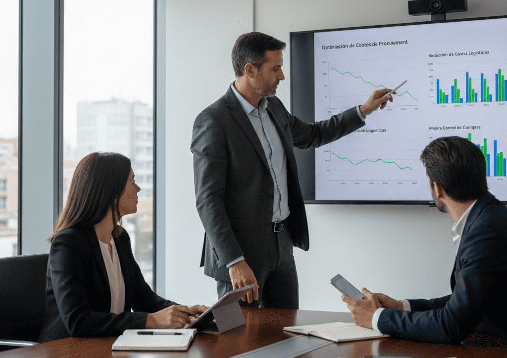 Director de finanzas analizando dashboards de optimización de costos de procurement en una sala de reuniones corporativa moderna, con gráficos que muestran reducción de gastos logísticos y mejora en control de compras