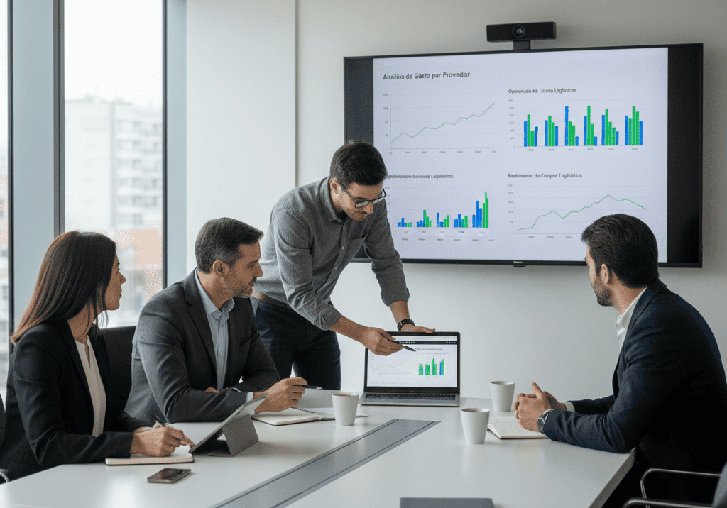 Dashboard de control de procurement en pantalla grande mostrando KPIs de gastos, alertas de desviaciones presupuestarias y métricas de desempeño de proveedores en tiempo real en un centro de operaciones financiero