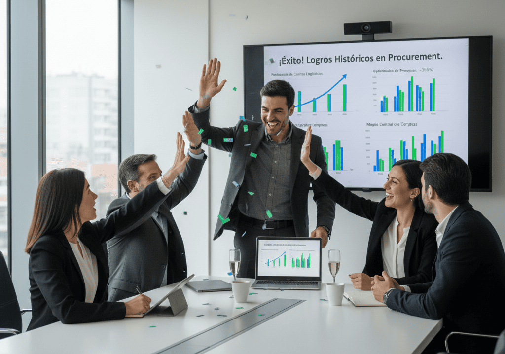 Equipo de finanzas celebrando mejoras en métricas de procurement, con gráficos ascendentes de reducción de costos y optimización de procesos en pantallas corporativas