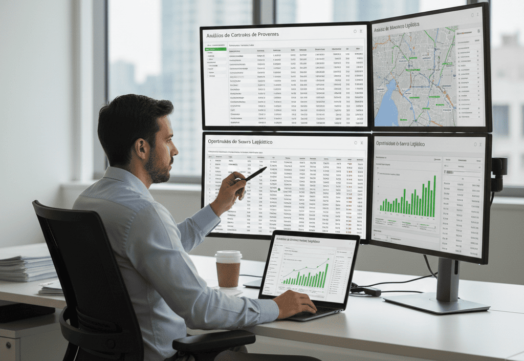 Analista de procurement revisando contratos y datos de proveedores en múltiples pantallas, identificando oportunidades de ahorro en costos logísticos en una oficina moderna corporativa